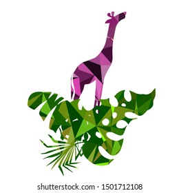 Leaves of tropical plants and a giraffe in the form of a triangular grid. Vector illustration.