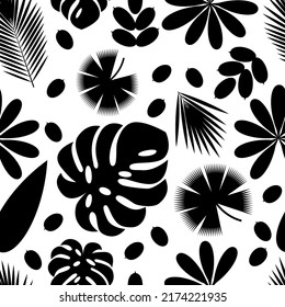 Leaves of tropical plants. Isolated items. Seamless pattern. Monstera, ficus, palm, tree, Schefflera
