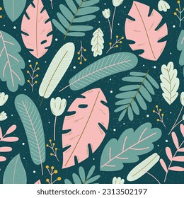 Leaves of tropical plants and trees, monstera and palm. Vector seamless floral jungle pattern in flat style.