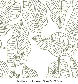 Leaves. Tropical seamless background pattern. Graphic design with amazing palm trees suitable for fabrics, packaging, covers. Vector poster. Green