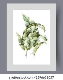 Leaves of tropical tree or shrub growing in dense jungle on wall art. Watercolor artwork. Print with tropical tree leaves from beach on warm seashore, in frame with decor for poster