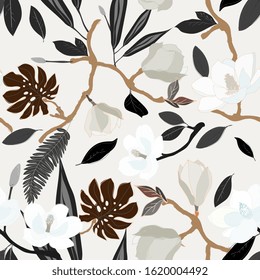 Leaves, twigs and flowers artistic seamless pattern. Eps 10
