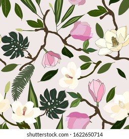 Leaves, twigs and flowers artistic seamless pattern. Eps 10