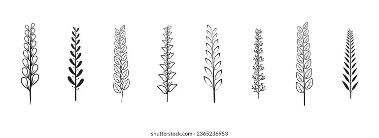 Leaves and twigs icon, Minimalist flower branches and leaves for logo or tattoo. Hand drawn line wedding herbs, elegant wildflowers. Minimal line art drawing for print bushes, vector illustration.