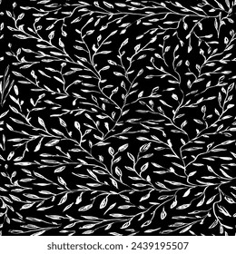 Leaves, twigs seamless pattern. Natural background with forest branches. Hand drawing with ink, pencil