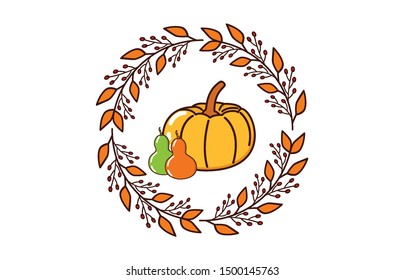 leaves and twigs are stacked circular with pumpkins in the center on a white background. Creative Festival of Thanksgiving concept, with modern flat design style. Vector illustration
