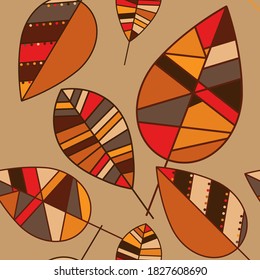 Leaves. Unusual leaves divided into polygons. Ethnic style, seamless pattern for fabric paper, background