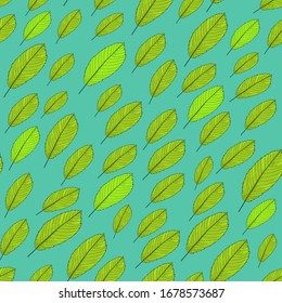 Hojas de varios tamaños colocadas sobre un fondo verde menta. Diseño gráfico natural, muestra de diseño gráfico natural. Ilustración vectorial. Tejido, textil, tarjeta de invitación. Elementos para niños.