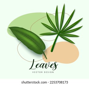 Leaves vector design. Leaves vector text in colorful abstract background with green leaf elements. Vector illustration leaves abstract design.
