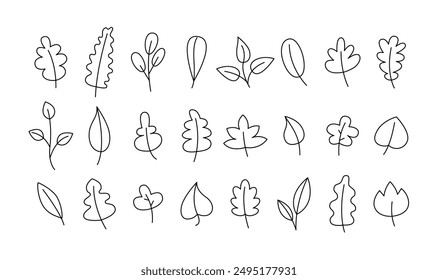 Leaves Vector Editable Stroke Collection. Doodle Spring, Summer, Autumn Decorative Design Elements Set.