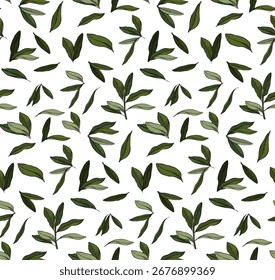 leaves vector pattern background. Green olive leaves seamless pattern. Vector graphic line ink colored illustration. Use for cosmetic package, shop, store, products, spa salon, wellness program, skin