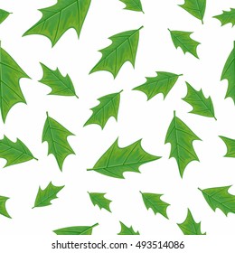 Leaves vector seamless pattern. Flat style illustration. Falling green tree leaves on white background. Autumn defoliation. For wrapping paper, greeting card, invitation, printing materials design