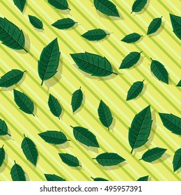 Leaves vector seamless pattern. Flat style illustration. Falling green tree leaves on striped background. Autumn defoliation. For wrapping paper, greeting card, invitation, printing materials design