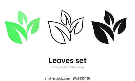 Leaves vector set for ecology and environment. Vegan organic logo template set, bio and eco element. Various shapes of green leaves. Green leaves vector collection isolated on white background