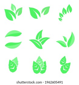 Leaves vector set for ecology and environment. Vegan organic logo template set, bio and eco element. Various shapes of green leaves. Green leaves vector collection isolated on white background