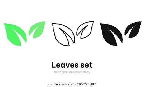 Leaves vector set for ecology and environment. Vegan organic logo template set, bio and eco element. Various shapes of green leaves. Green leaves vector collection isolated on white background