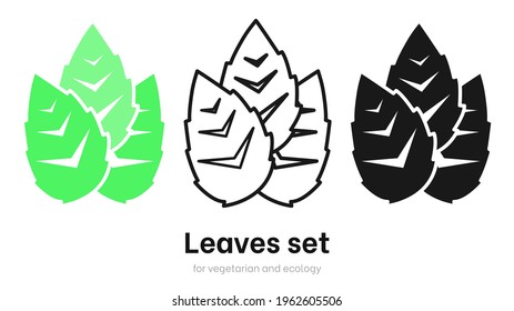 Leaves vector set for ecology and environment. Vegan organic logo template set, bio and eco element. Various shapes of green leaves. Green leaves vector collection isolated on white background