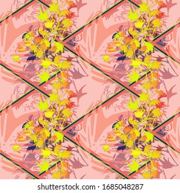 Leaves. Vegetation. Flower. Hedera. Seamless vector pattern with colors, geometry and lines. Hand drawing. Sketch.