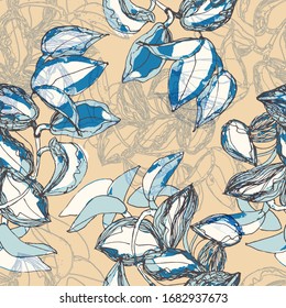 Leaves. Vegetation. Flower. Tradescantia. Seamless vector pattern with colors. Hand drawing. Sketch.