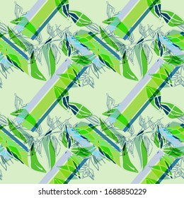 Leaves. Vegetation. Flower. Tradescantia. Seamless vector pattern with colors, geometry and lines. Hand drawing. Sketch.