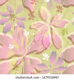 Leaves. Vegetation. Scheffler. Seamless vector pattern with colors. Hand drawing. Sketch.