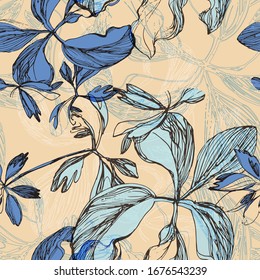 Leaves. Vegetation. Scheffler's home flower. Tropical plant. Seamless vector pattern. Hand drawing. Sketch.