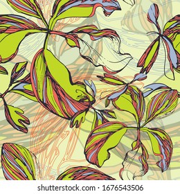 Leaves. Vegetation. Scheffler's home flower. Tropical plant. Seamless vector pattern. Hand drawing. Sketch.