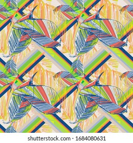 Leaves. Vegetation. Seamless vector pattern with colors, geometry and lines. Hand drawing. Sketch.