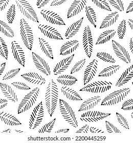 Leaves with veins seamless pattern. Hand drawn decorative plant motif. Black brush lines. Abstract print with vector leaves. Foliage seamless pattern. Vector repeating texture with stylized plants.