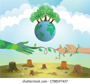 Leaves vines Hand creeping to touch human hand with deforestation and new virgin forestry world. Idea to convey love of nature globe ecology protection to next generation and earth day concept. 