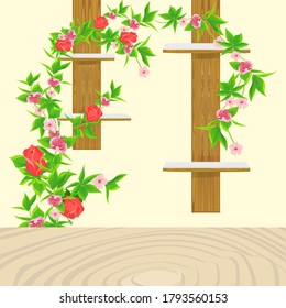 Leaves vines on wall and flowers. Vector illustration