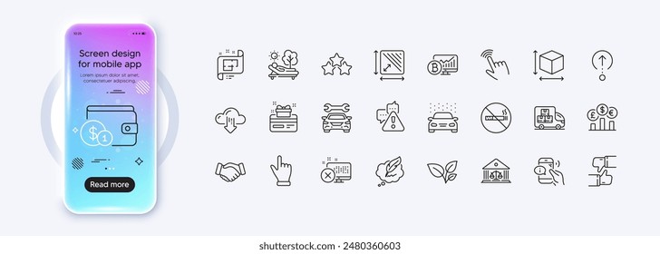 Leaves, Warning and Loyalty card line icons for web app. Phone mockup gradient screen. Pack of No smoking, Currency rate, Car pictogram icons. Vector