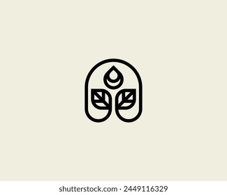Leaves and water drop continuous line flat logo. Tree leaf garden monochrome sign. Environment protection concept. Eco nature vector symbol.