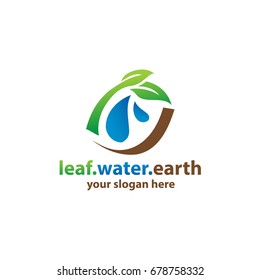 leaves with water drops and curved brown lines, logo design, isolated on white background.