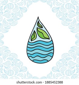 Hojas y gotas de agua. Ilustración del vector