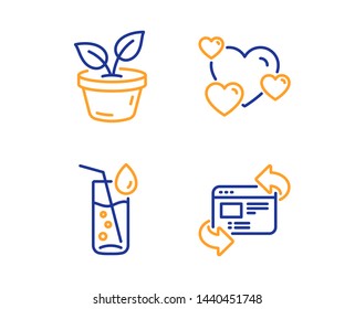 Leaves, Water glass and Heart icons simple set. Refresh website sign. Grow plant, Soda drink, Love rating. Update internet. Linear leaves icon. Colorful design set. Vector