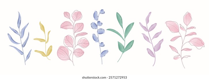 Leaves watercolor clipart set. Spring leaf drawing in colorful abstract clip art collection for greetings card elements decoration. Vector illustration spring flowers watercolor set. 
