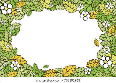 Leaves and white flowers oval frame vector card design.