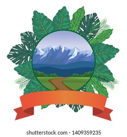 Leaves wreath frame nature scene landscape grass road trail ribbon banner vector illustration graphic design