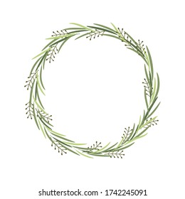 Leaves wreath. Olive green frame. Nature hand drawn round banner. Rustic decoravive circle. Leaf floral berry branch. Element for greeting card wedding invitation design. Isolated vector illustration