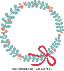 Leaves wreath with red bow ribbon flat design illustration for decoration on Christmas holiday event.