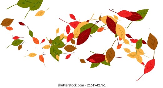 Leaves. Yellow, red, green, orange, brown colors. Scattered autumn leaves. Unusual abstract texture. Vector eps 10.