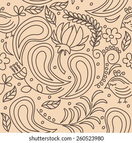Leaves,flowers,birds background seamless pattern. Vector