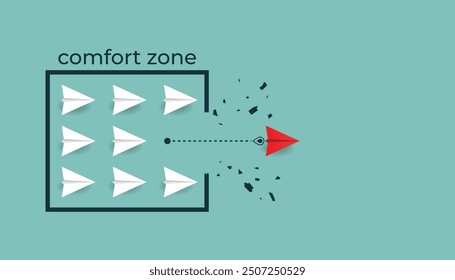 Leaving or breaking comfort zone to the growth zone concept with paper planes symbol