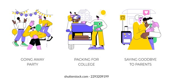 Leaving to campus isolated cartoon vector illustrations set. Organize college admission party, happy student packing for college, saying goodbye to parents, going to university vector cartoon.