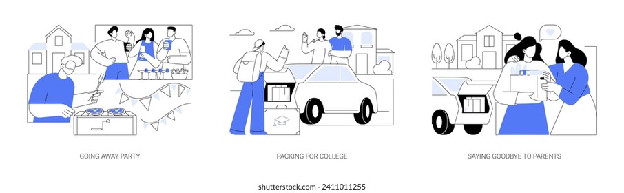 Leaving to campus isolated cartoon vector illustrations set. Organize college admission party, happy student packing for college, saying goodbye to parents, going to university vector cartoon.