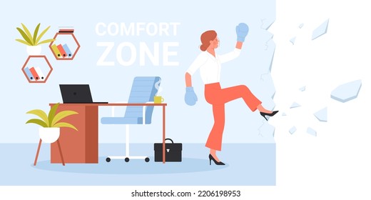 Leaving comfort zone vector illustration. Cartoon businesswoman in boxing gloves breaking office wall to change life and overcome fear, outside step of female employee to freedom and success