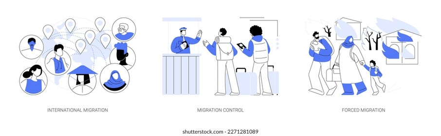 Leaving a country abstract concept vector illustration set. International migrants, border migration control, forced displacement, refugee group, check documents, application form abstract metaphor.