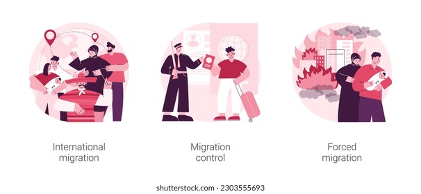 Leaving a country abstract concept vector illustration set. International migrants, border migration control, forced displacement, refugee group, check documents, application form abstract metaphor.