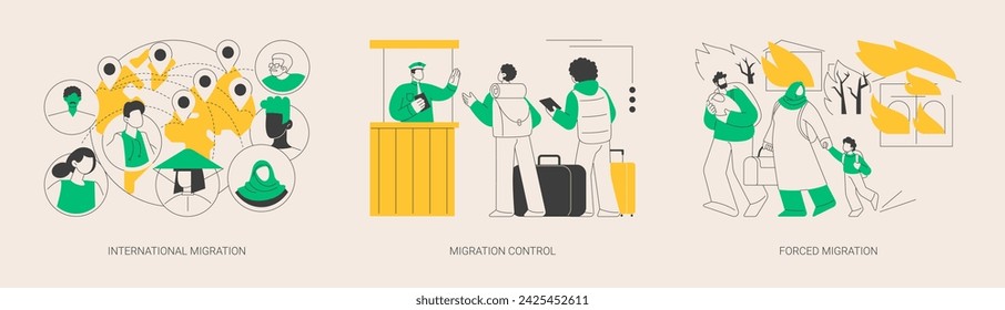 Leaving a country abstract concept vector illustration set. International migrants, border migration control, forced displacement, refugee group, check documents, application form abstract metaphor.